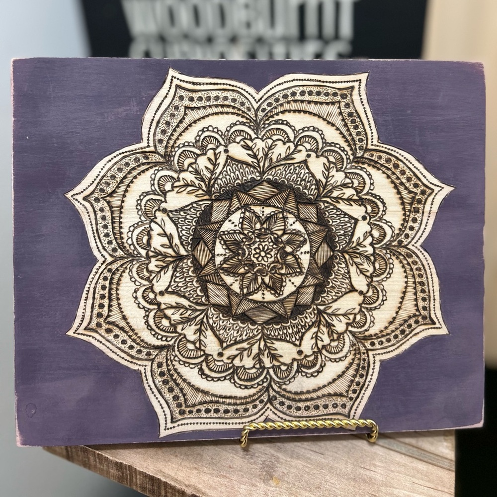 Purple Mandala hand-burned wooden Wall Art